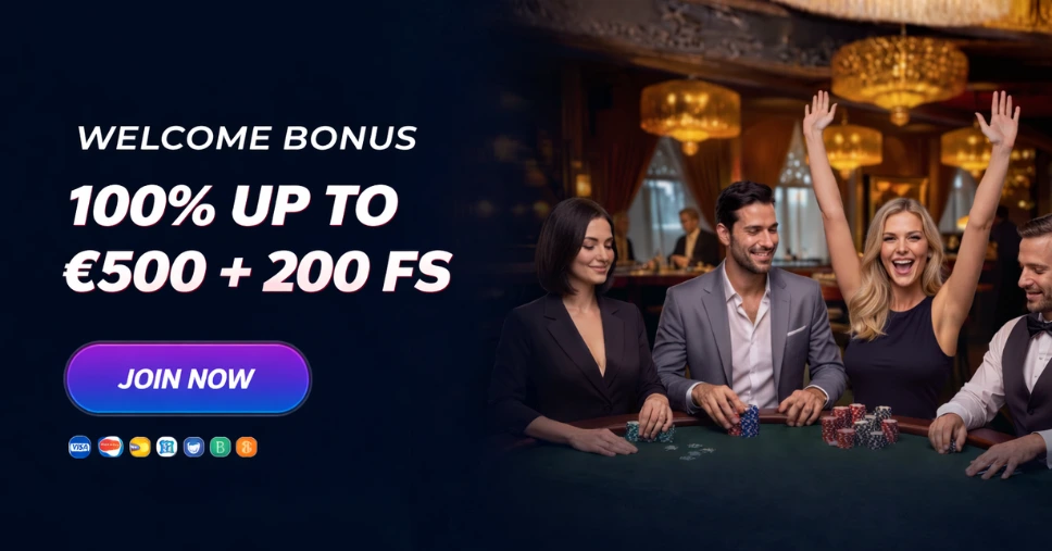 Banner featuring the 100% up to €500 + 200 free spins welcome package at Boomerang Bet.